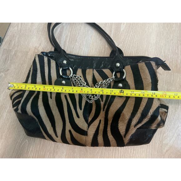 Roberta Gandolfi Leather Bag Patent Zippered Large Zebra Hair Purse Black Brown - Picture 10 of 11